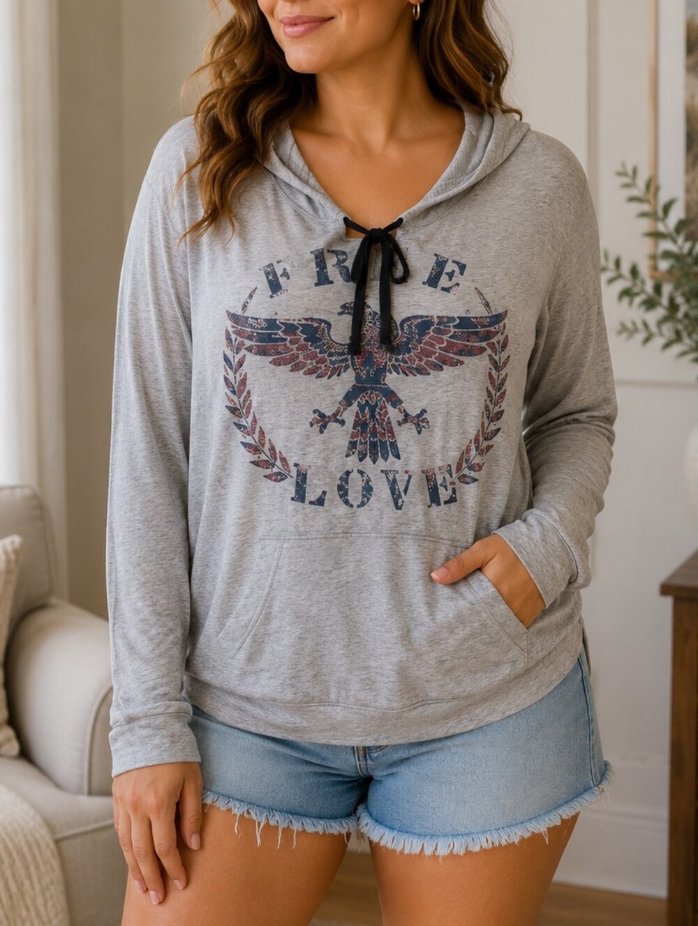 Women's Light Gray Eagle Graphic Lightweight Pullover Hoodie Size L